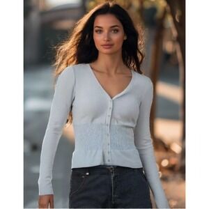 Sisley Cardigan Sweater Pointelle V-Neck Long Sleeve Italy Blue Size X-SMALL